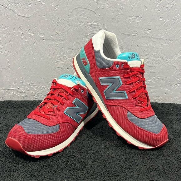 🔥🔥 NEW BALANCE 574 Red/Gray/Aqua Blue Classics  Sneakers Men Size 12 - PERFECT - Picture 1 of 13